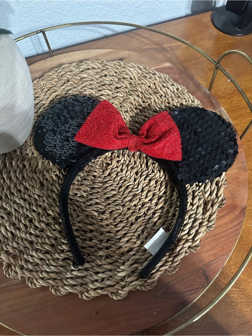 Sequin Minnie Mouse Ear Headband with Red Bow